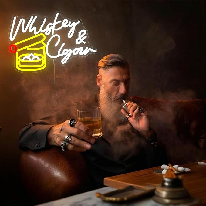 Whiskey and Cigar Neon Sign Dimable Large Whiskey Neon Signs for Wall Decor Bar Neon Signs for Man Cave Home Bar Lounge Bedroom Ideal Party Decor and Birthday Gift(16.2×11.1inch)