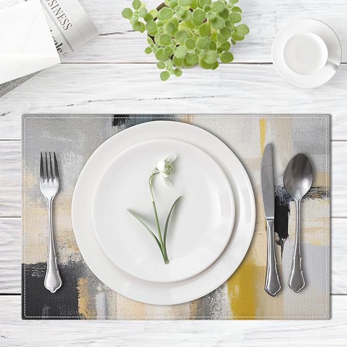 Emvency Farmhouse Placemats Set of 4, Modern Grey and Gold Art Painting 12x18 Inch Abstract Beige Table Mats for Outdoor Home Party Kitchen Dining Decoration