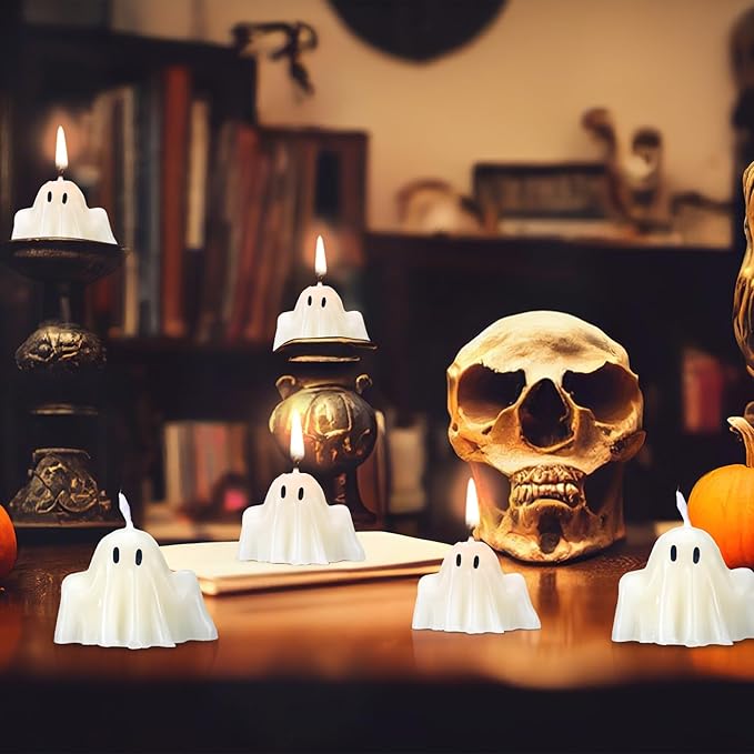 Jutom 10 Pieces Halloween Ghost Candles Burning Candles 2.17 x 1.77 Inches Soy Wax White Halloween Party Decorations