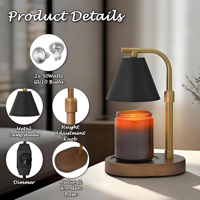 SOKCVSEA Candle Warmer Lamp - Candle Warmer with Timer Height Adjustable, Birthday Gifts for Women Mom Gifts, House Warming Gifts New Home Decor, Wax Melt with 2 Bulb BlackGold
