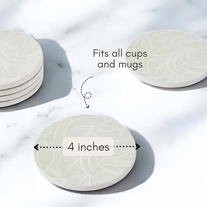 Ceramic Absorbent Coasters Set of 6 with Holder, Marble Drink Coasters for Coffee Table, Water Absorbing Coaster (Leaf)