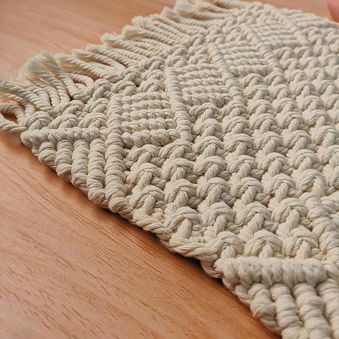 Handmade Cotton Woven Crochet Placemat with Tassels, 10 x12 Inches Small Place Mat for Bohemian Wedding Décor, Boho Table Mat for Farmhouse, Rustic Décor for Dining Table, Beige