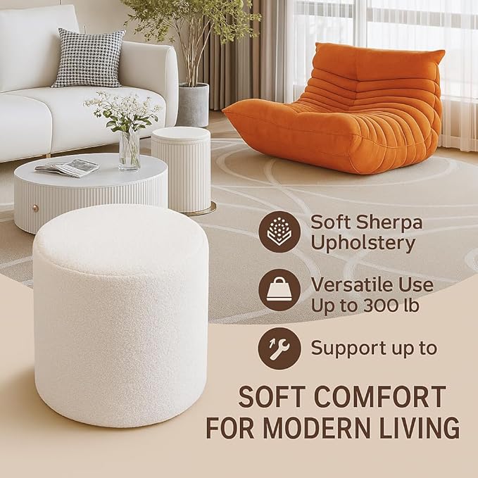 Round Pouf Ottoman and Foot Rest, Soft Boucle Footstool Ottomans for Living Room, Comfort Foam Stuffed Poofs for Couch Desk Resting Your Feet, White