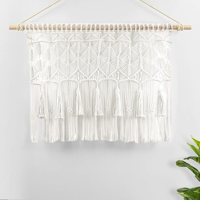 Lush Decor Boho Macrame Tassel Cotton Valance/Kitchen Curtain/Wall Decor, 30" L x 40" W, White