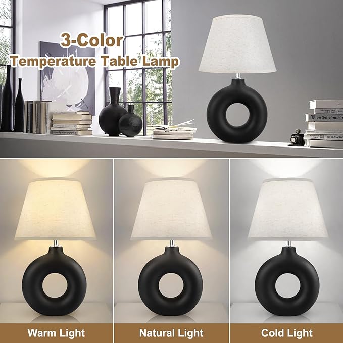 Black Ceramic Table Lamp for Living Room Bedroom, 21" Modern Bedside Lamps with 3 Color Temperature Farmhouse Rustic Table Lights for Night Stands, Dorm, Office, Home Décor (Bulb Included)