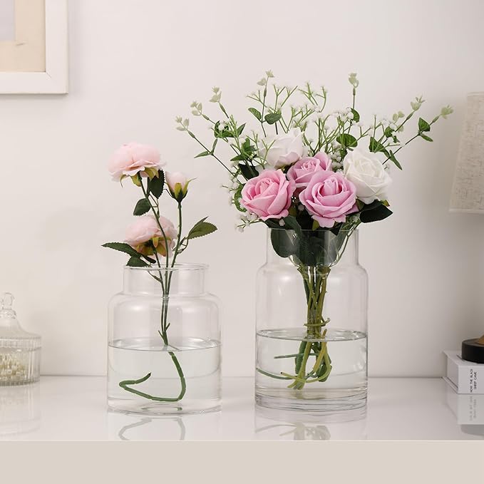 Large Glass Vase, Clear Glass Vase Set of 2, Large Flower Vases for Bouquet, Tall Wide Mouth Vases for Flowers, Home, Wedding, Living Room, Office Decor, 7"+9"