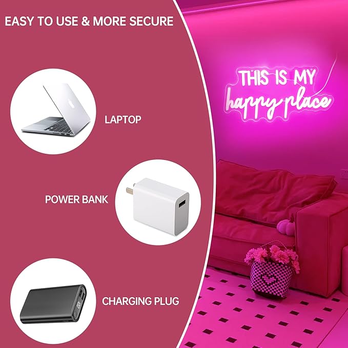 Neon Signs for Wall Decor - This Is My Happy Place Neon Signs for Teen Girls Bedroom Decor, Pink Led Neon Lights for Wall Decor, Nightstand Light, Dimmable Switch USB Power, Adhesive Hook Included