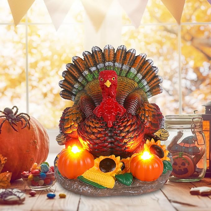 Thanksgiving Turkey Decorations Indoor Resin Turkey Figurines with 2 Pumpkin Electric Candlesticks Fall Harvest Table Decor for Home Office Shelf Kitchen - Thanksgiving Autumn Gift