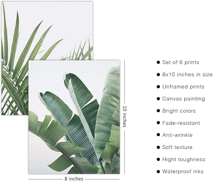 HoozGee Botanical Wall Art Prints Set of 6 Tropical Leaves Decor Plant Leaf Wall Art Canvas Prints for Wall Decor Green Wall Art Posters Set for Living Room Decor (8"x10" UNFRAMED)