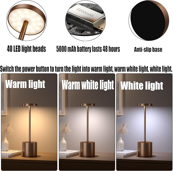 2Pack Cordless Table Lamp, Rechargeable LED Battery 5000mAh Metal USB Portable Powered Desk Lamp, 3 Levels Brightness Light for Restaurants Outdoor (2 Pack 10.25in Coffee)