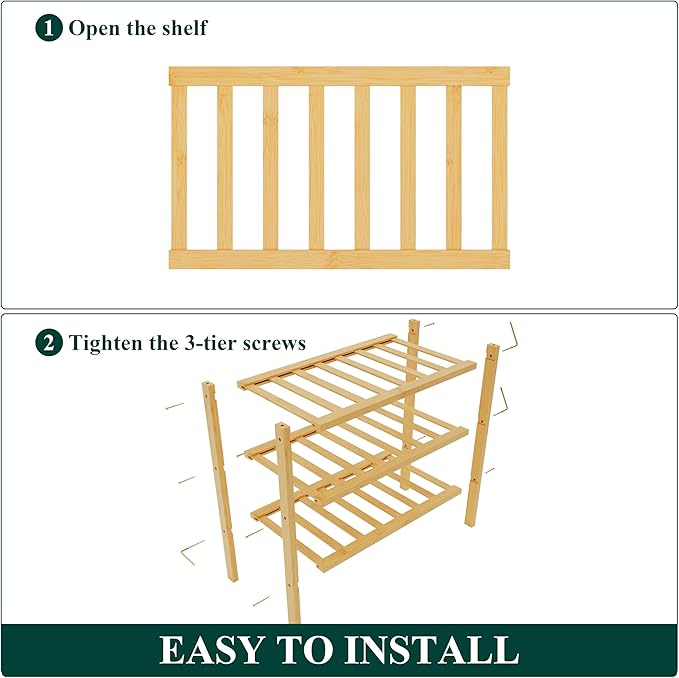 Smiry Bamboo Shoe Rack for Closet, 3 Tier Small Wooden Stackable Shoe Organizer, Free Standing Shoes Storage Shelf for Entryway, Front Door Entrance, Natural