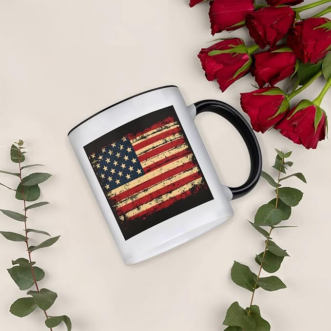 Mugs for Women, Coffee Cups Ceramic Mug, America Flag Vintage Black Tea Cups with Handle for Men, 11.2oz Ceramic Cup for Home Unique Coffee and Tea Mug Aesthetics