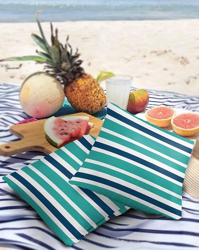 Outdoor Waterproof Throw Pillow Covers Set of 2 Navy Blue Turquoise Stripes Decorative Outdoor Pillows Cushion Case 20x20 Inch Teal Striped Patio Pillows for Couch Sofa Bed Garden Office Home Decor