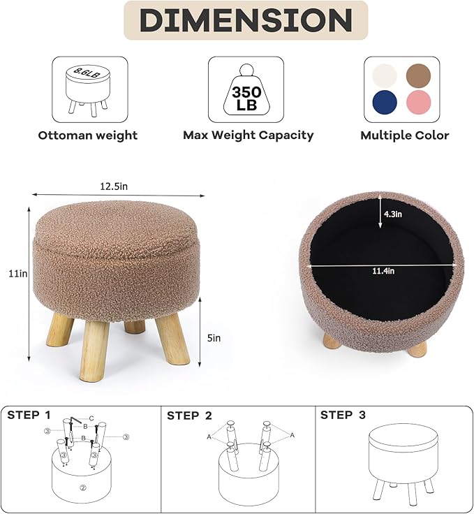 Ottoman Foot Rest, Small Round Ottoman with Storage, Boucle Teddy Velvet Footstool with Wood Legs, Soft Sponge Storage Ottoman for Living Room, Bedroom, Couch, Enterway (Camel Brown)