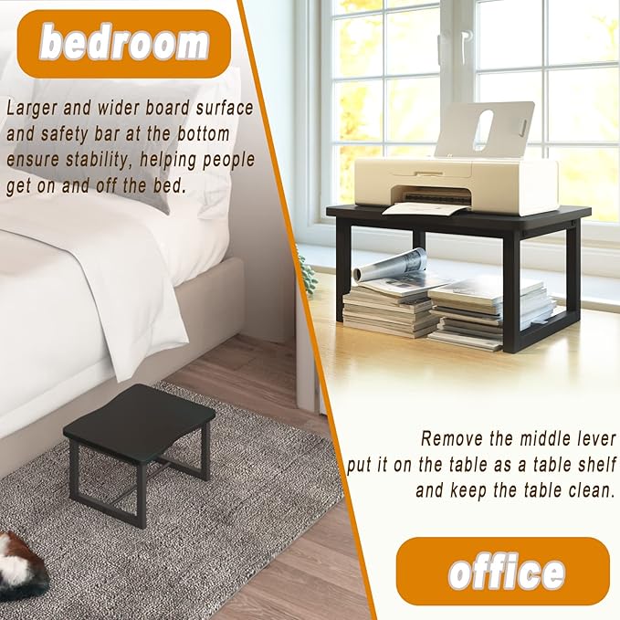 Wooden Step Stool with 500 Pounds, Wide Bed Step Stool for Adults,Black Wood Step Stool for Kitchen, Bedroom, Living Room, Bathroom