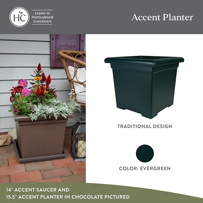 The HC Companies Accent Square Plant Pot w/Drainage - Classic Planters for Outdoor Plants & Indoor Plants - Lightweight & UV-Resistant Square Planter Box (15.5”, Evergreen, Pack of 2)