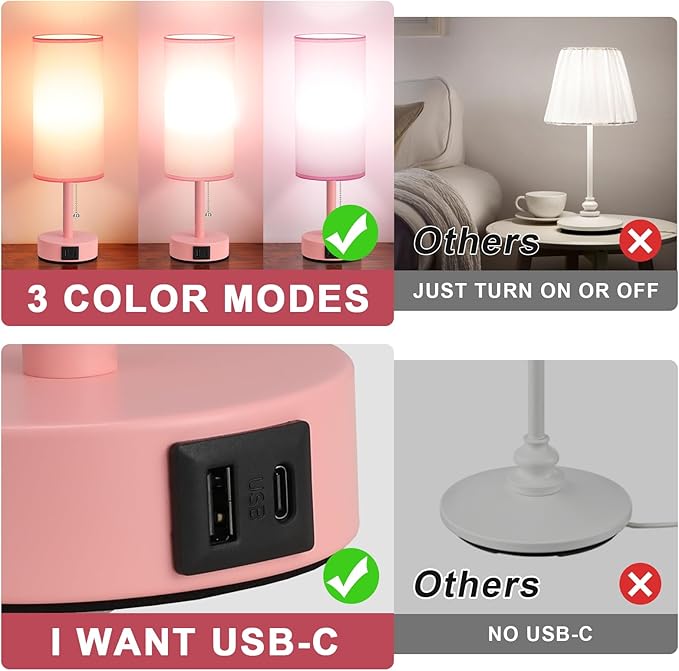 Hong-in Pink Table Lamp with USB-C and USB-A Charging Ports, Pull Chain, Nightstand Lamp for Bedrooms Living Room, LED Bulb Included