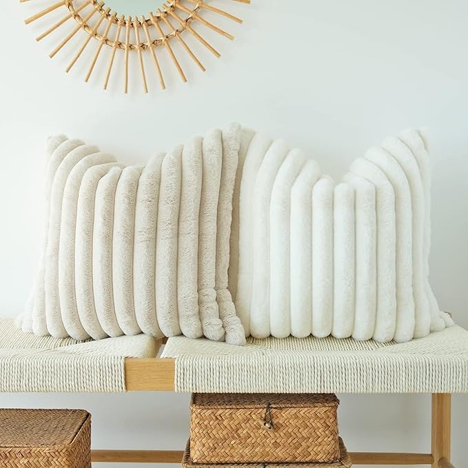 JOJUSIS Pack of 2 Faux Fur Plush Decorative Throw Pillow Covers Couch Cushion Case Soft Pillowcases (Beige, 24 x 24-Inch)