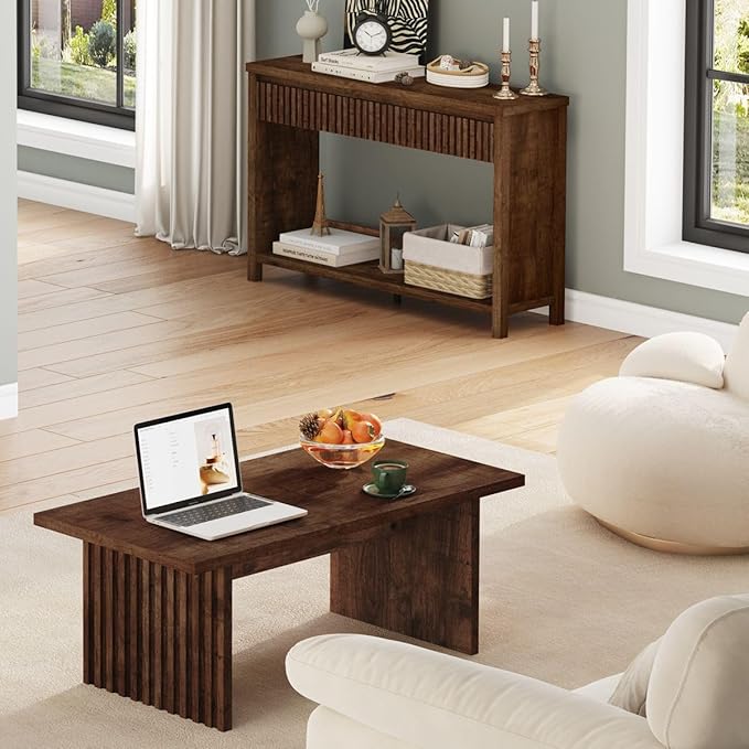 BON AUGURE Coffee Table for Living Room, Farmhouse Wood Center Table, Rectangle Mid-Century Living Room Tables (Rustic Oak, 43Inch)