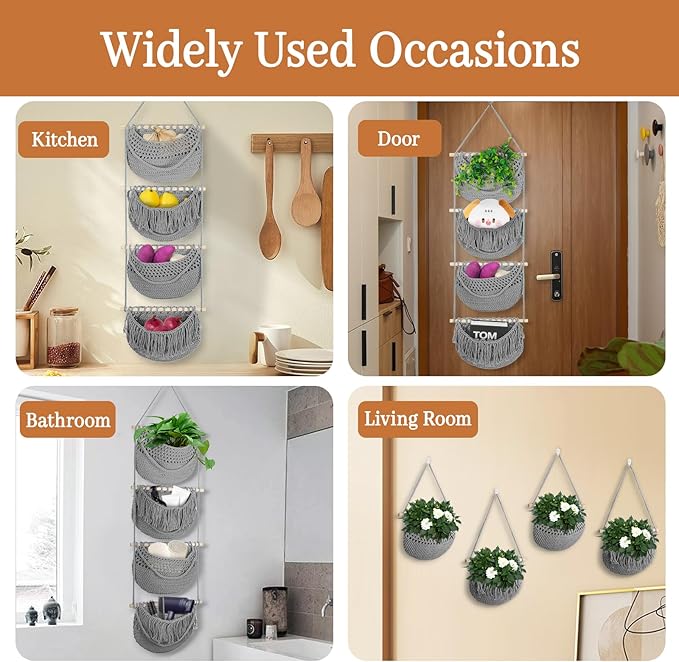 4 Tier Hanging Fruit Basket for Kitchen, 4 Pack Detachable Cotton Crocheted Wall Hanging Baskets Shelf Over Door Organizer for Fruit Veggie Plant, Hanging Storage Basket for Bathroom Bedroom(Gray)
