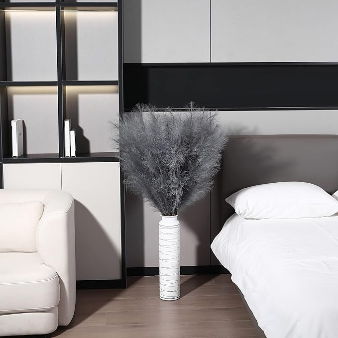 8 Pcs 45 inch Tall Faux Pampas Grass Decor, Large Artificial Grey Pompous Grass Bulk, Long Fake Pompas for Floor Vase Filler, Wedding, Baby Shower, Home and Boho Decor (Grey)