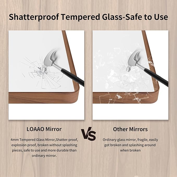 LOAAO 50X30 Inch Bathroom Mirror with Wood Grain Colored Metal Frame, Rounded Rectangle Metal Framed Bathroom Mirror, Anti-Rust, Hangs Horizontally or Vertically, Tempered Glass