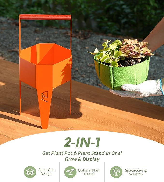 Planter with Stand, Metal 2 in 1 Portable Planter with Grow Bags & Handle, Stable Stylish Indoor Plant Pots with Stand, Modern Flower Pot Outdoor, 7.5'' x 17.3'', Orange, Plant Not Included