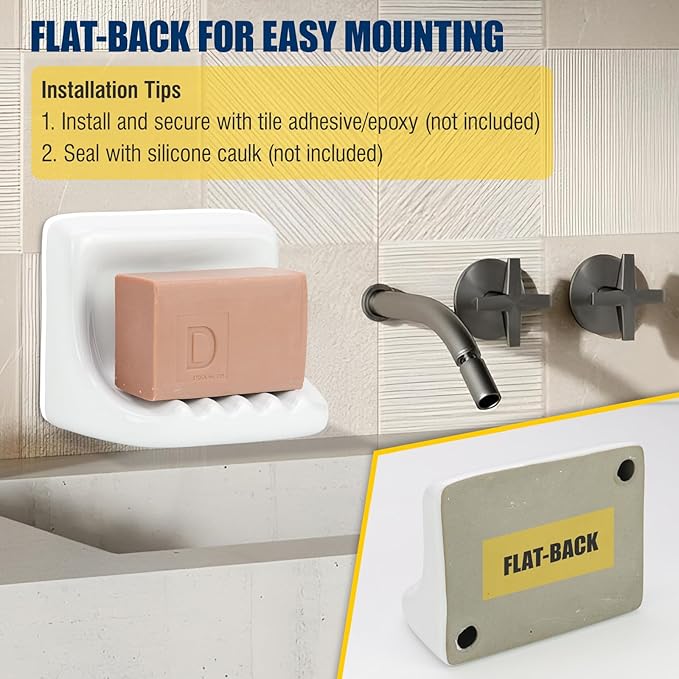 Shower Wall Soap Holder & Ceramic Soap Dish - Fits 4x4 Inch & Any Tile Walls, Heavy-Duty Flat-Back Design with Drainage Slope, No-Slip, Classic White