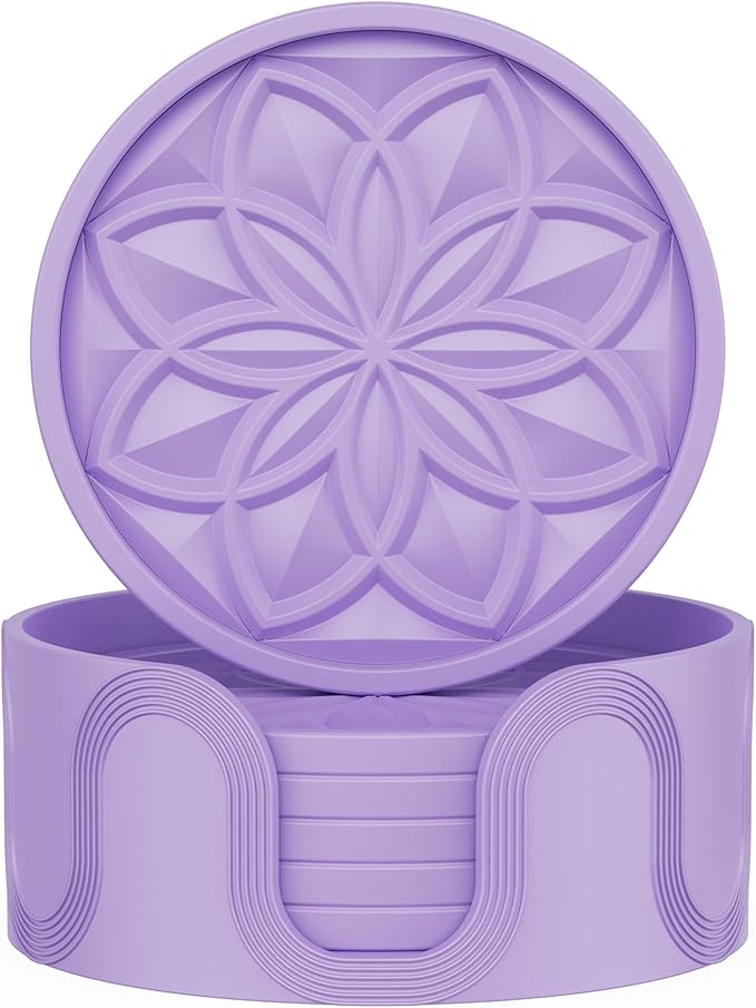 HFHOME Silicone Coasters Set for Drinks - 6 Pack With Holder, Table Cup Mat for Coffee Table, Desk, Bar - Tabletop Protection Gift - Light Purple