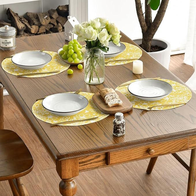 Artoid Mode Yellow Bloom Flowers Spring Round Placemats Set of 4, 14 Inch Summer Holiday Round Table Mats for Dining Decoration