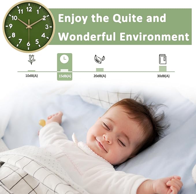HIPPIH Wall Clock 2 Pack, 10 Inch Modern Wall Clocks Battery Operated, Non Ticking Silent Wall Clock, Simple Small Analog for Living Room, Bedroom, Kitchen, School, Office, Green