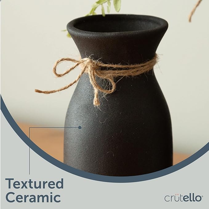 Crutello Ceramic Vase Set - 3 Black Textured Vases - Rustic Vase Set, Perfect Home Decor for Mantles, Bookshelves, Tables, Entryways