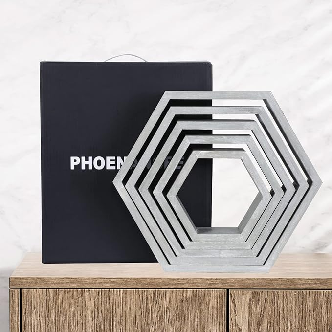 PHOENANCEE Hexagon Floating Shelves,Wall Mounted Wood Farmhouse Storage Honeycomb Wall Shelf Set of 5,for Bathroom, Kitchen, Bedroom, Living Room,Office,Driftwood Finish (Vintage Grey)