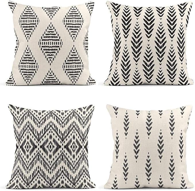 ArtSocket Set of 4 Throw Pillow Covers Ikat Tribal and Boho Bohemian Black Ethnic Herringbone for Ideas Decor Linen Outdoor Pillow Cases Home Decorative Square 22x22 Inches Pillowcases