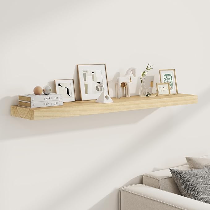 48" Solid Wood Floating Shelves, 9.3 Inch Deep Floating Shelves for Wall, Rustic Wooden Shelves for Wall Decor, Large Fireplace Mantel for Storage, Deep Floating Shelf Set of 1, Natural Color