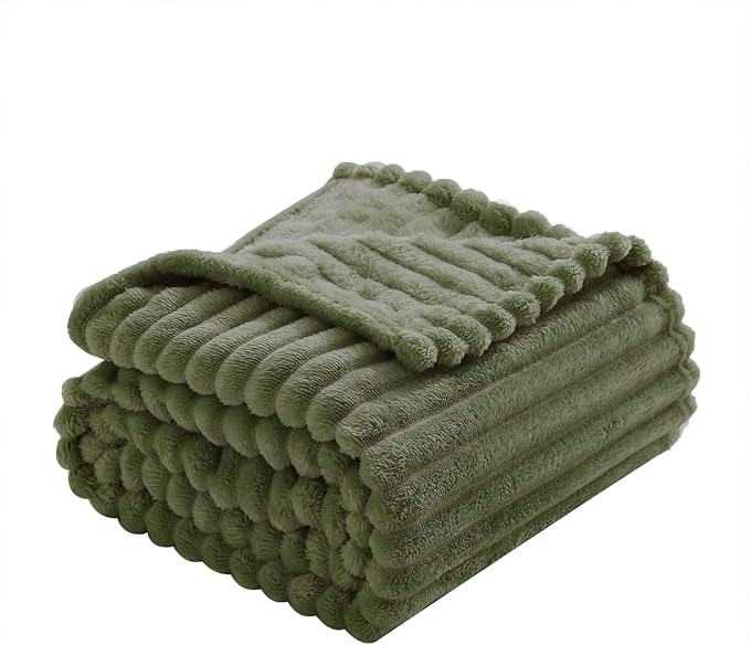 Olive Green Fleece Throw Blanket 50”×60” for Couch Sofa Bed,Super Soft Cozy Plush Microfiber Flannel Blanket with Stripes Design Lightweight for Adults,Woman,Girls
