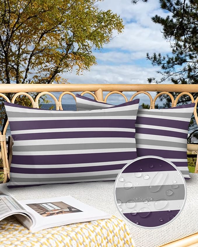 Outdoor Waterproof Lumbar Throw Pillow Covers Set of 2 Grey Purple Stripes Decorative Outdoor Pillows Cushion Case 20x12 Inch Classic Striped Patio Pillows for Couch Sofa Bed Garden Home Decor