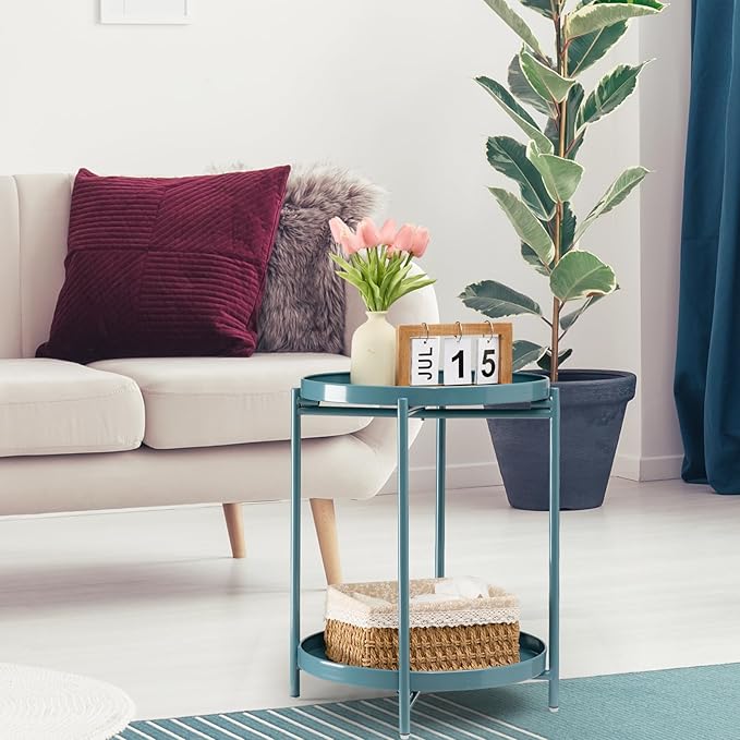 TeoKJ 2 Tier Round Side Table, Folding Round Metal End Table Small Nightstand with Two Removable Tray for Bedroom Living Room Bedside Small Spaces Blue Gray