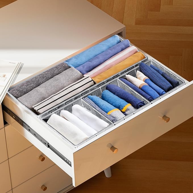 Drawer Organizer, Cube Baskets for Storage Shelves, Handmade Small Woven Basket, Shallow Storage Bins for Organizing Desk, Dresser, Kitchen, Pantry, Nested 7 Pack, Gray