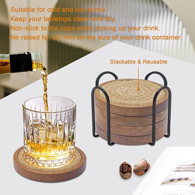 Woven Coasters Set of 5, Wooden Coasters with Holder for Coffee Table, Housewarming Gift for Farmhouse Home Decor, 4 inches