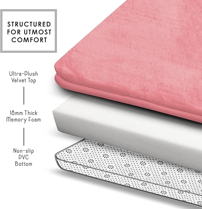 Clara Clark Bathroom Rugs, Velvet Memory Foam Bath Mat, Non-Slip, Machine Washable Bath Rugs - Dries Quickly, Ultra Soft Plush Bath Mats for Bathroom, 20 x 32, Coral Pink