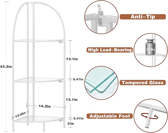 Crofy Foldable 3 Tier Corner Shelf, Metal Corner Plant Stand with White Frame and Transparent Shelves, Corner Display Rack Multipurpose Shelving Unit for Living Room, Bedroom, Bathroom