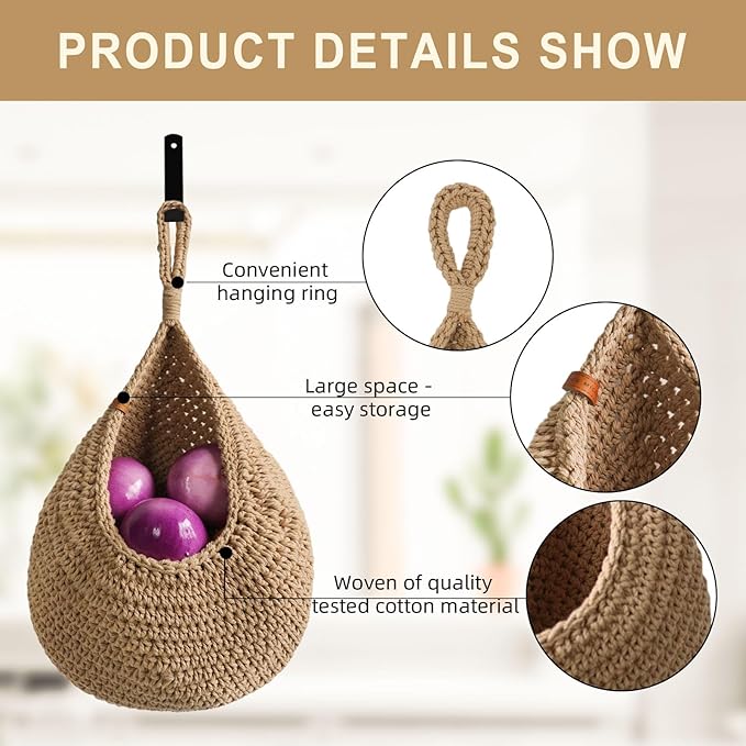 Hanging Fruit Baskets for Kitchen - 6 Pack Boho Wall Hanging Basket,Handwoven Wall Fruits Basket,for Garlic Potato Vegetable Onion Teardrop Home Hanging Storage Baskets(Brown Classic)