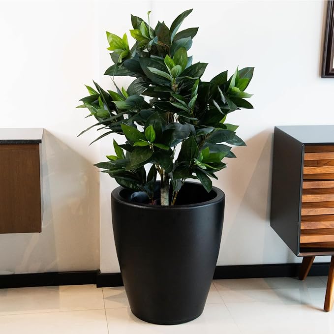Elly Décor 23 inch Planter for Garden with Drainage, Large Round, Lightweight & Extremely Durable, Deck Indoor/Outdoor Plastic Pot, 23.6" x 21.6"x14, Black