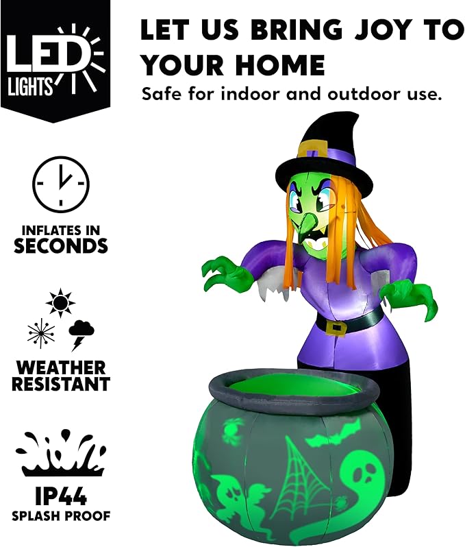 Joiedomi 6 Ft Halloween Inflatable Witch and Cauldron Decoration with Projecting Rotating Green Ghost Light, Inflatable Yard Decor Blow Up with Build-in LEDs for Halloween Party Indoor, Outdoor Decor