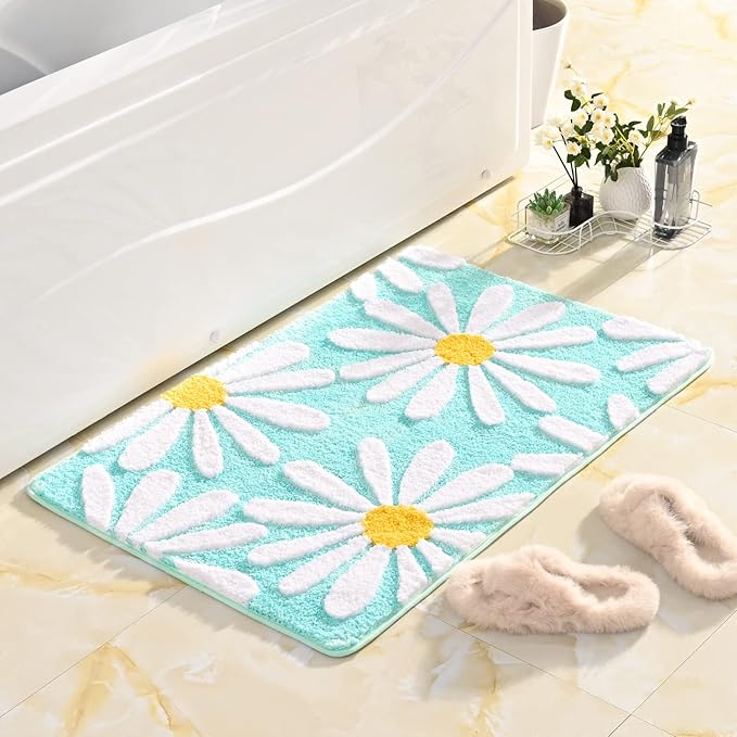 QJHOMO Green Bathroom Rug Cute Daisy Bath Mat White and Yellow Flower Decor Rugs Non Slip Floor Carpet Microfiber Bathmat Super Absorbent Machine Washable Bathtub Mats for Shower (24x48 inch)