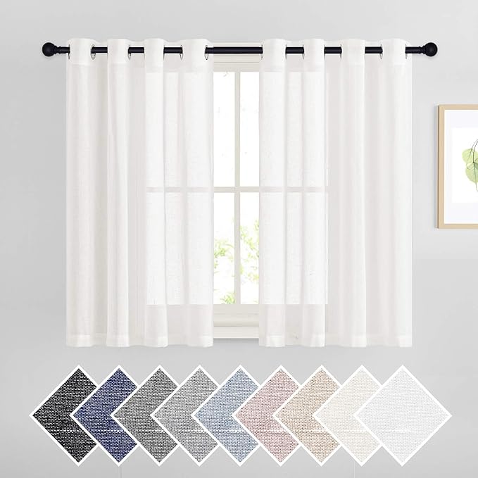 NICETOWN 45 inch Long Rich Linen Curtains Flax Texture, Grommet Top Rustic Drapes Half Window Semi Sheer with Light Filtering for Kitchen/Nursery/Cafe, Ivory, 104" Wide Total 2 Panels