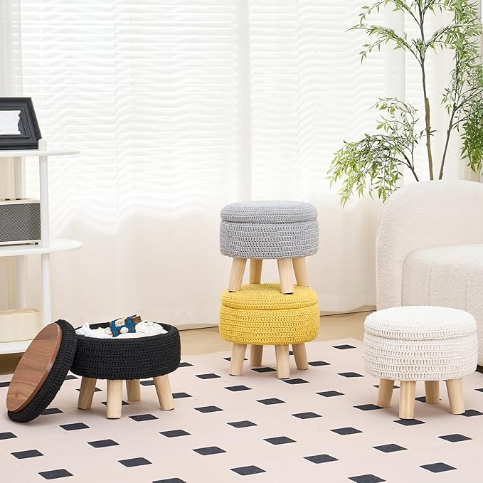 Wimarsbon Pouf Ottoman, 100% Cotton Knitted Boho Footstool, Round Footrest with Non-Skid Wood Legs, Home Décor Handmade Pouffe, Leisure Floor Step Stool for Living Room (Storage Black)