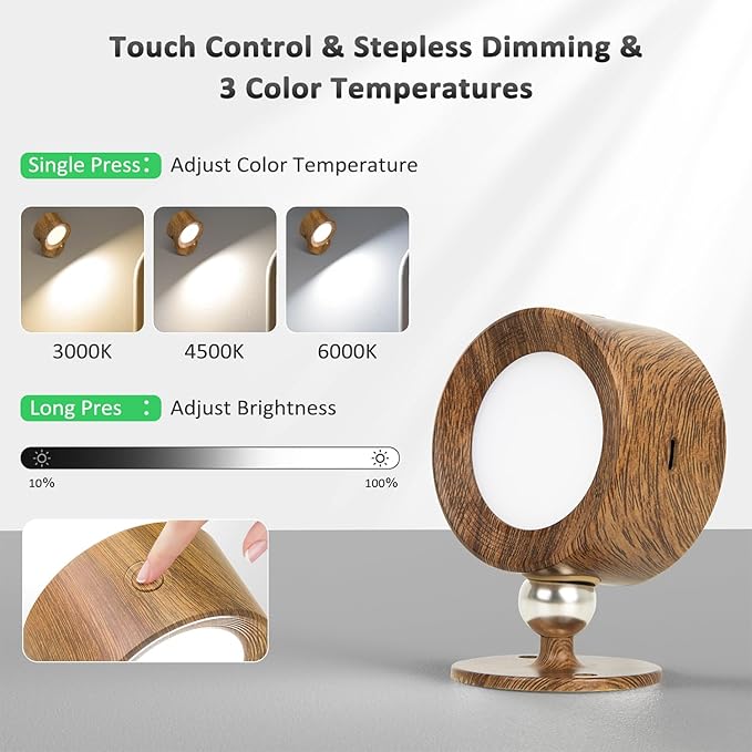 LED Wall Lights with Remote, 3 Pcs Rechargeable Wall Mounted Reading Sconces Lamp 3000mAh, 3 Colors & Dimmable Magnetic 360° Rotation Cordless Wall Lighting Spotlights for Bedroom Bedside Hallway