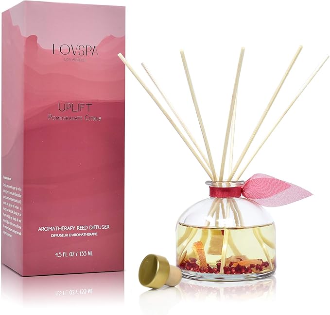 LOVSPA Uplift Pomegranate & Citrus Essential Oil Aromatherapy Reed Diffuser Set - Scented Reed Sticks - Juicy Orange, Bergamot, Black Currant & Sandalwood w/Real Orange Slices